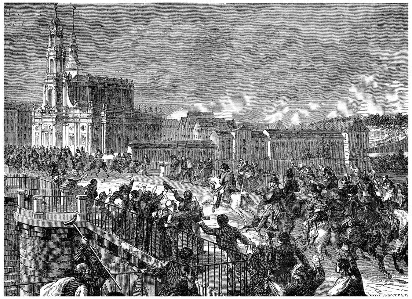 Napoleon beim Dresden, Jahrgang Gravur. foto