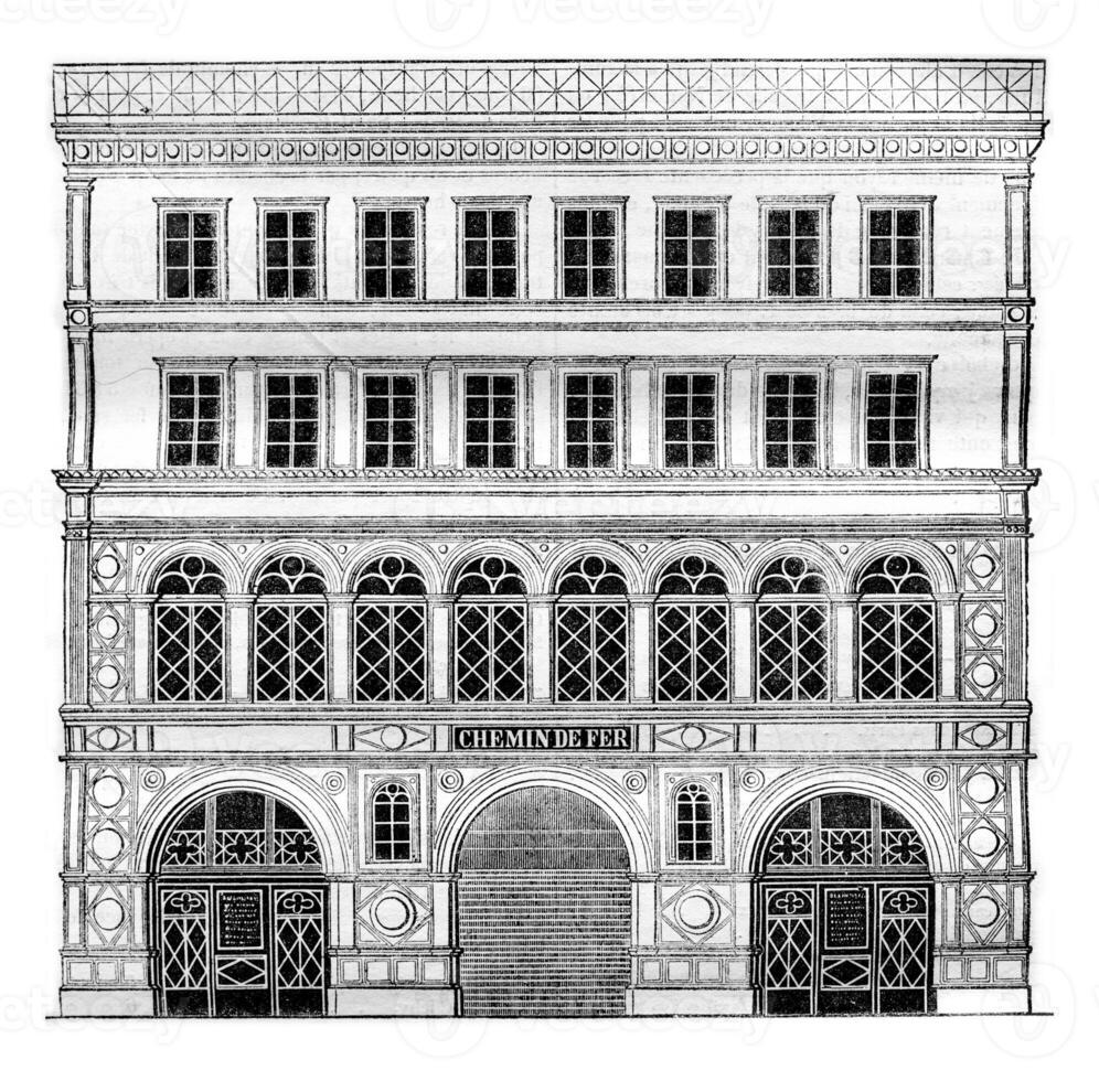 Fassade von das Eingang von das Heilige deutsch Eisenbahn auf das Platz de la Madeleine, Jahrgang Gravur. foto