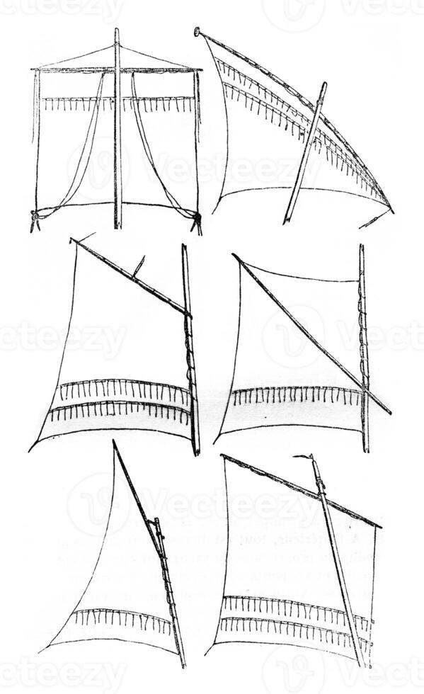 Segeln betrifft Quadrat, Latein Segel, Gaff Segel, segeln Geist, gunter Segeln, Segeln hat Bourcet oder schleppen Segel, Jahrgang Gravur. foto