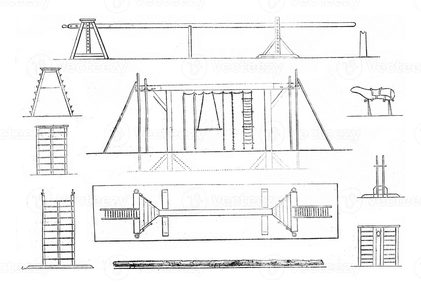 1. Matte, 2. Portikus, 3. planen Portal, 4. Baum Stamm, 5. Plattform, 6. Vorderseite Sicht, 7. groß Rahmen Wohnung, 8. Pferd, 9. Unterstützung, 10. Leiter, Plattform, vintag foto