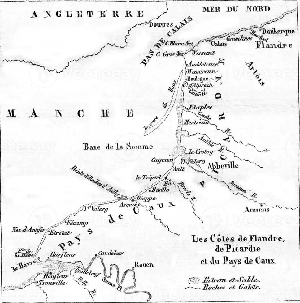 Karte von Seiten von Flandern, Picardie und zahlt sich aus de Caux, Jahrgang Gravur. foto