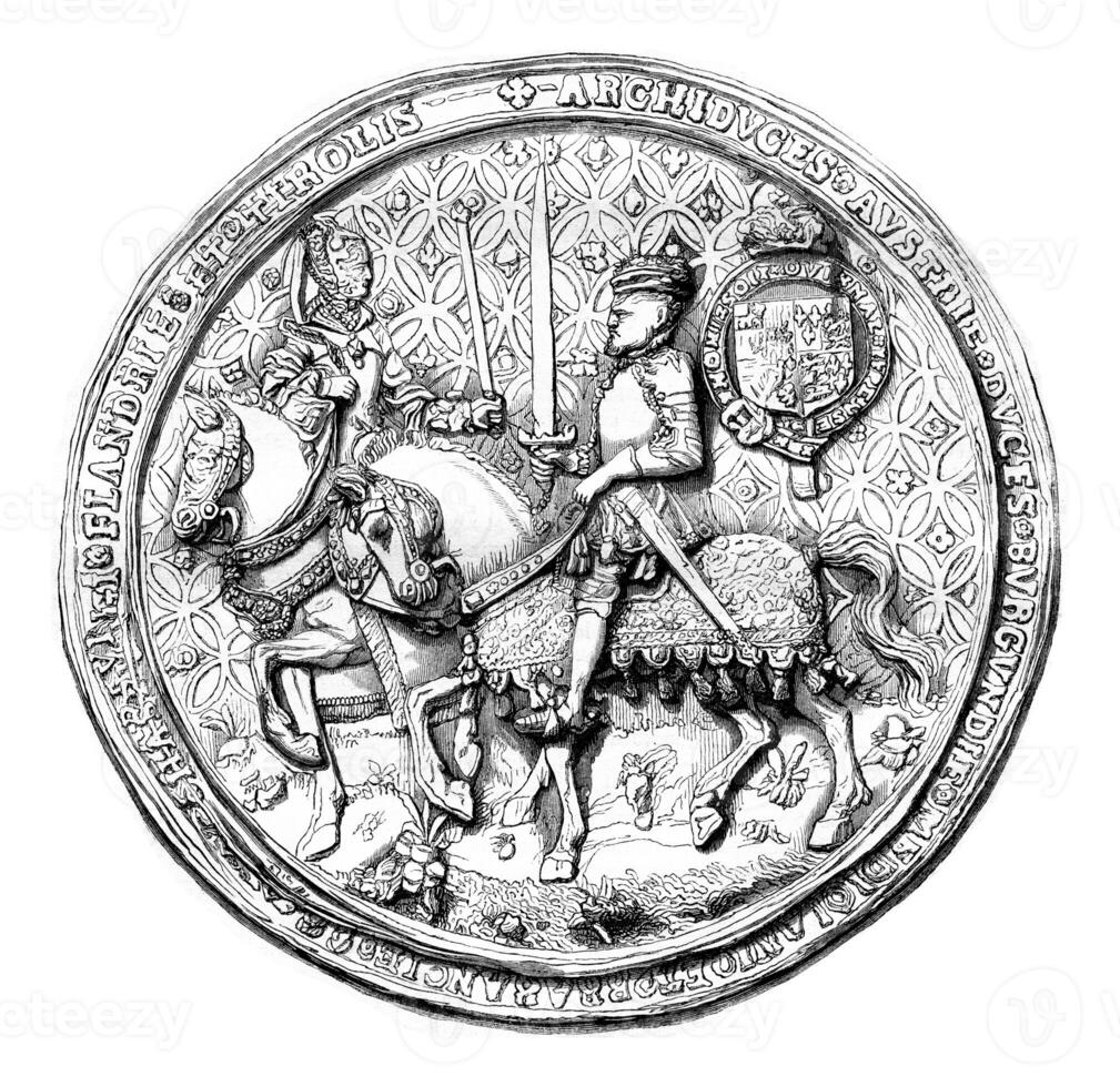 Siegel gegen Maria Tudor und philip ii, Jahrgang Gravur. foto
