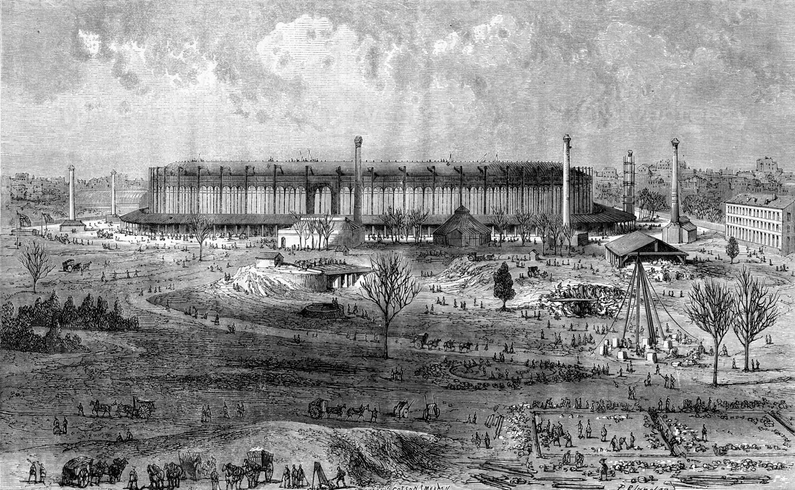 Konstruktion von das Palast von das Universal- Ausstellung von 1867, gesehen von das Militär- Hochschule, 15 Dezember 1866, Jahrgang Gravur. foto