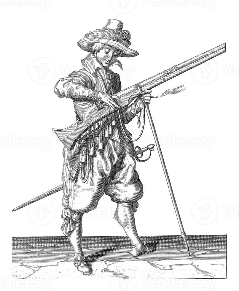 Soldat auf Pflicht Wer gibt das Sicherung auf das Schwanz von seine Muskete, Jahrgang Illustration. foto