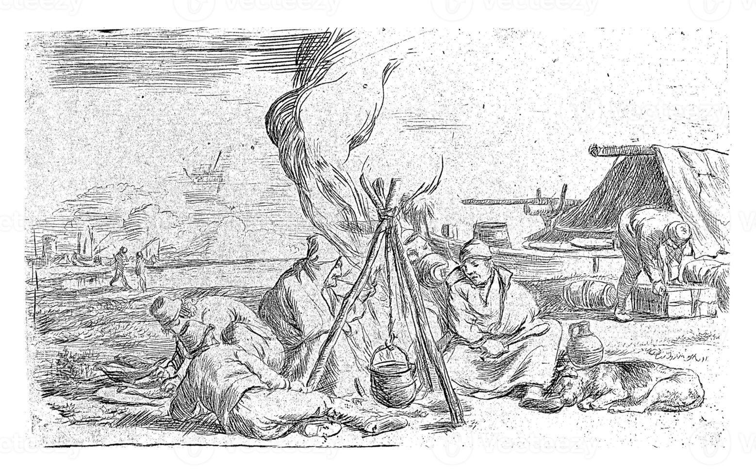 fünf Soldaten um ein Lagerfeuer, jan van Ossenbeeck, 1647 - - 1674 foto