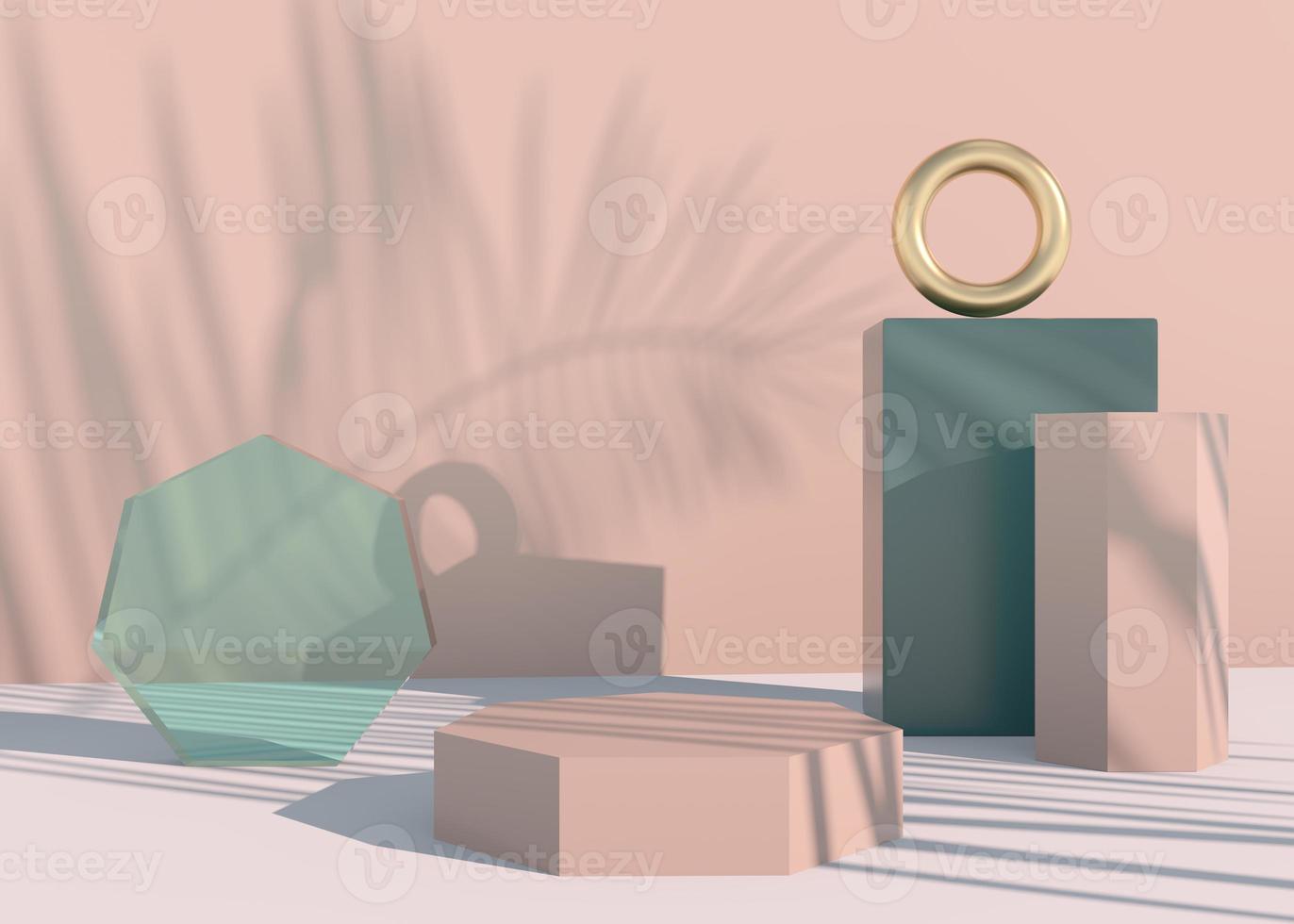 Podium mit Palmblattschatten für die Präsentation von kosmetischen Produkten. leerer schaufenstersockelhintergrund mock-up. 3D-Rendering. foto
