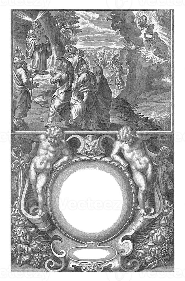 Moses erhält das Tablets von das Gesetz und zeigt an Sie zu das Menschen, Cornelis Galeere foto