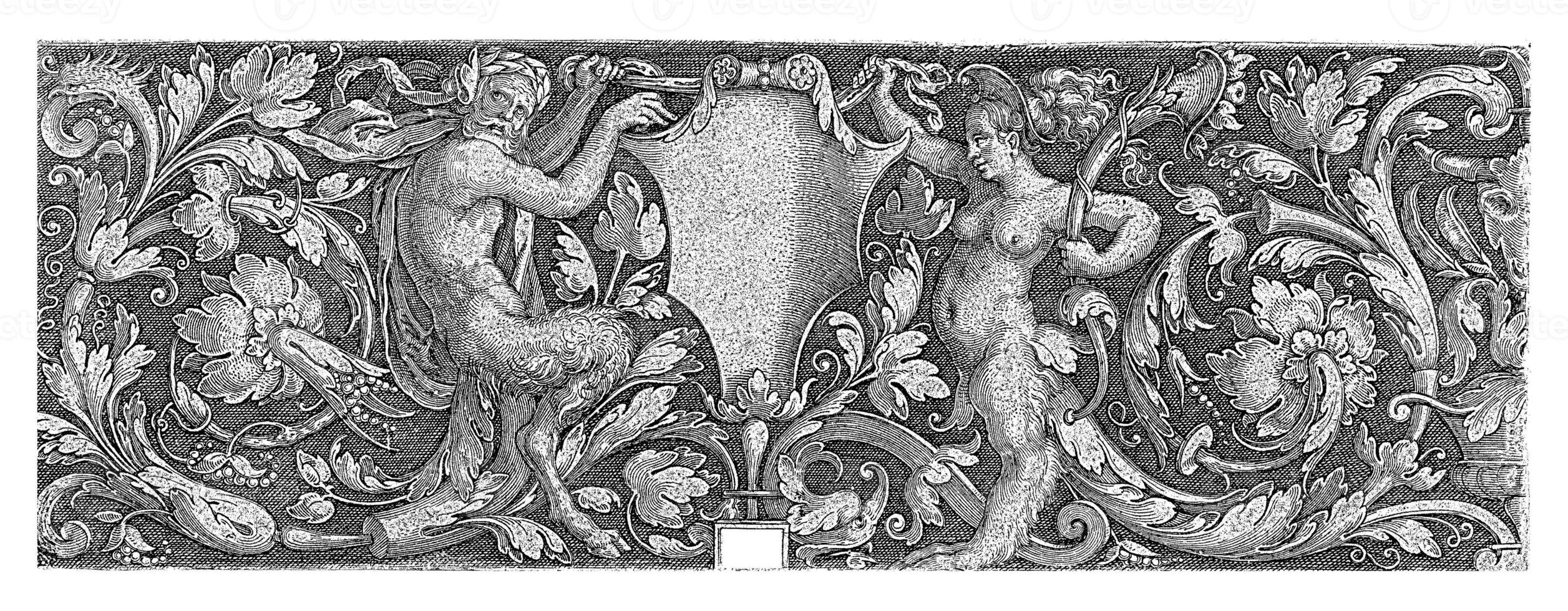 Fries mit ein Schild getragen durch ein männlich und ein weiblich Satyr, Jakob Binck, 1510 - - 1569 foto