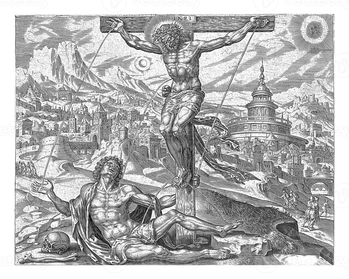 das verwundet Mann geheilt durch Christi Blut, harmen jansz Müller, nach maarten van heemskerck, 1565 foto