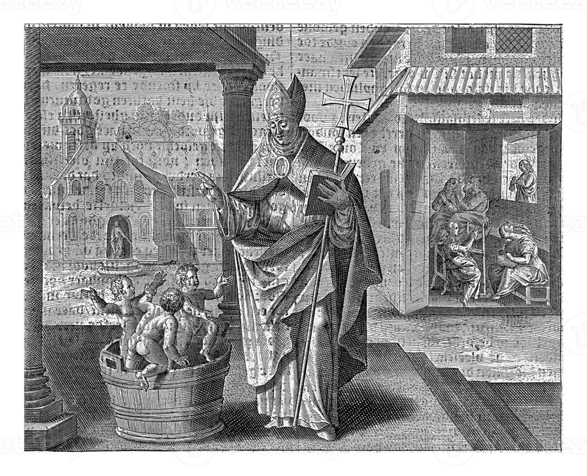 Heilige Nikolaus bringt drei Kinder zurück zu Leben, jan collaert ii, nach märten de vos, 1597 foto