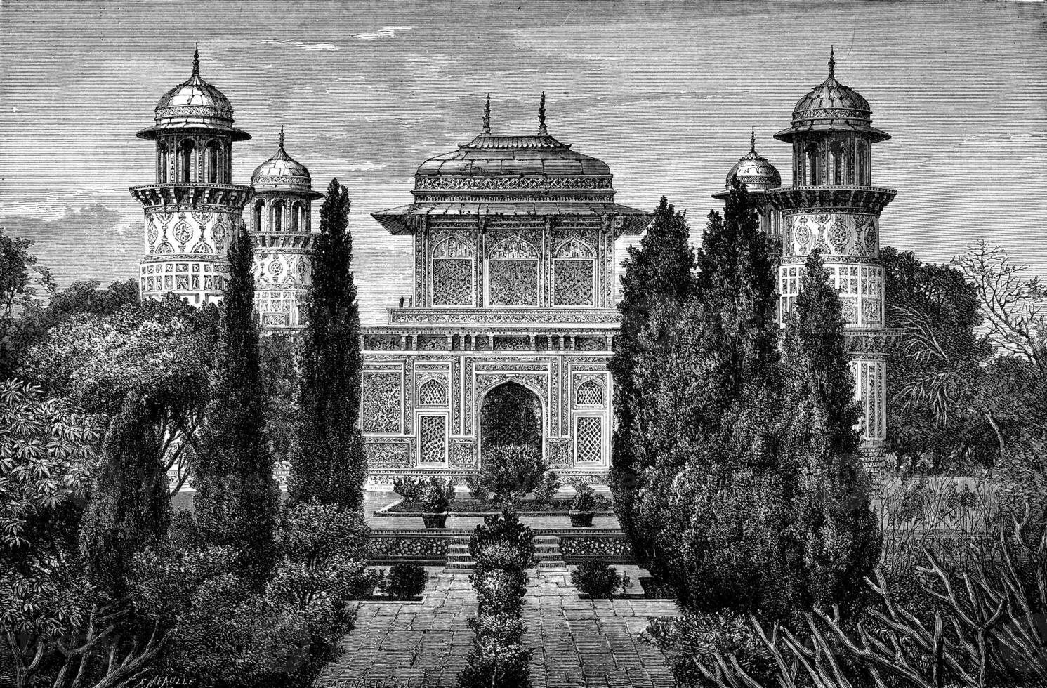 Mausoleum i'timad-ud-daulah, im agra, Jahrgang Gravur. foto