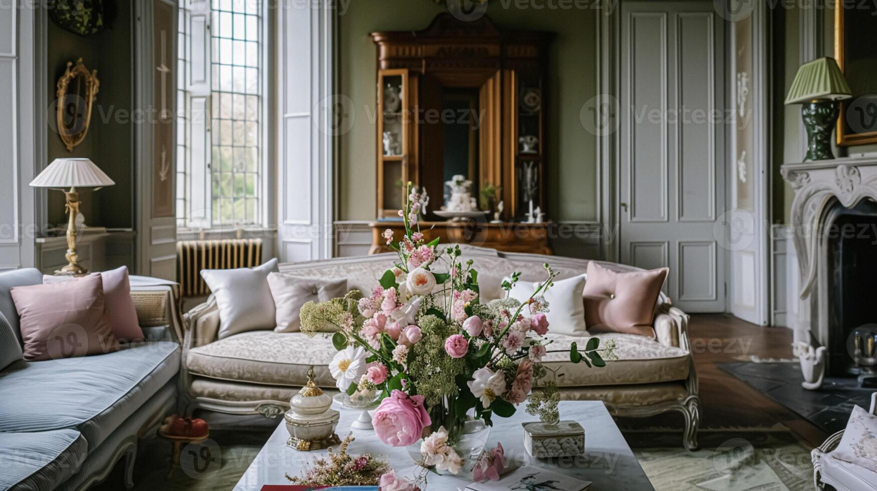 ai generiert Frühling Blumen im Jahrgang Vase, schön Blumen- Anordnung, Zuhause Dekor, Hochzeit und Florist Design foto