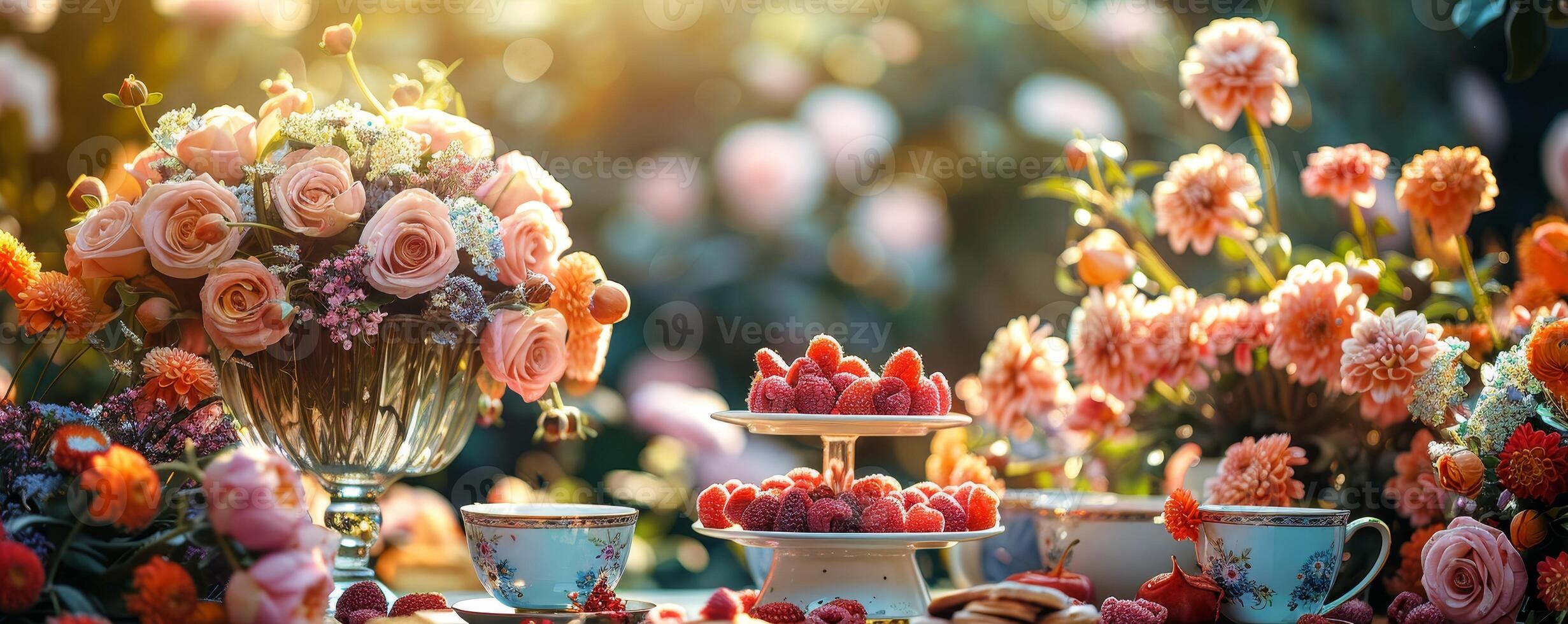 ai generiert Victoria Tag Gemeinschaft Garten Party Blumen- Dekorationen, Tee, Kuchen, freundlich sammeln, Frühling Feier. foto