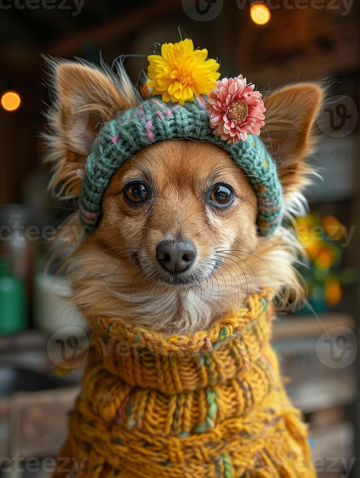 ai generiert hinreißend lustig, Haustiere angezogen süß Outfits zu feiern National Haustier Tag im Stil. foto