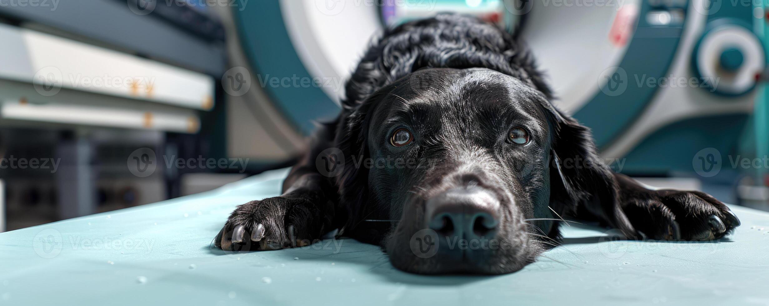 ai generiert generativ ai, Hund auf Tabelle beim Herr, Untersuchung im Veterinär Chirurgie Krankenhaus, Tierarzt Klinik, Banner mit Kopieren Raum foto