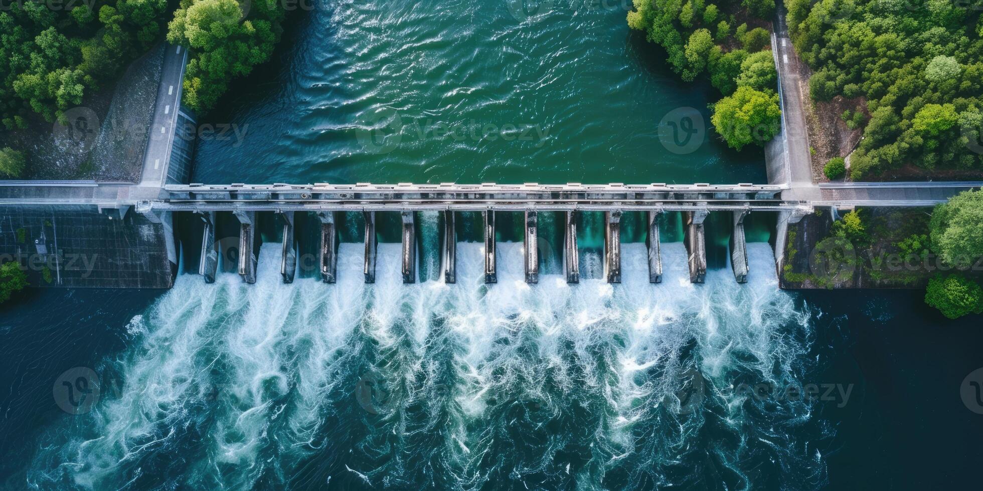 ai generiert generativ ai, Wasserkraft Damm nutzen das fließen von Wasser zu produzieren nachhaltig Energie, Leistung Bahnhof, Antenne Aussicht foto