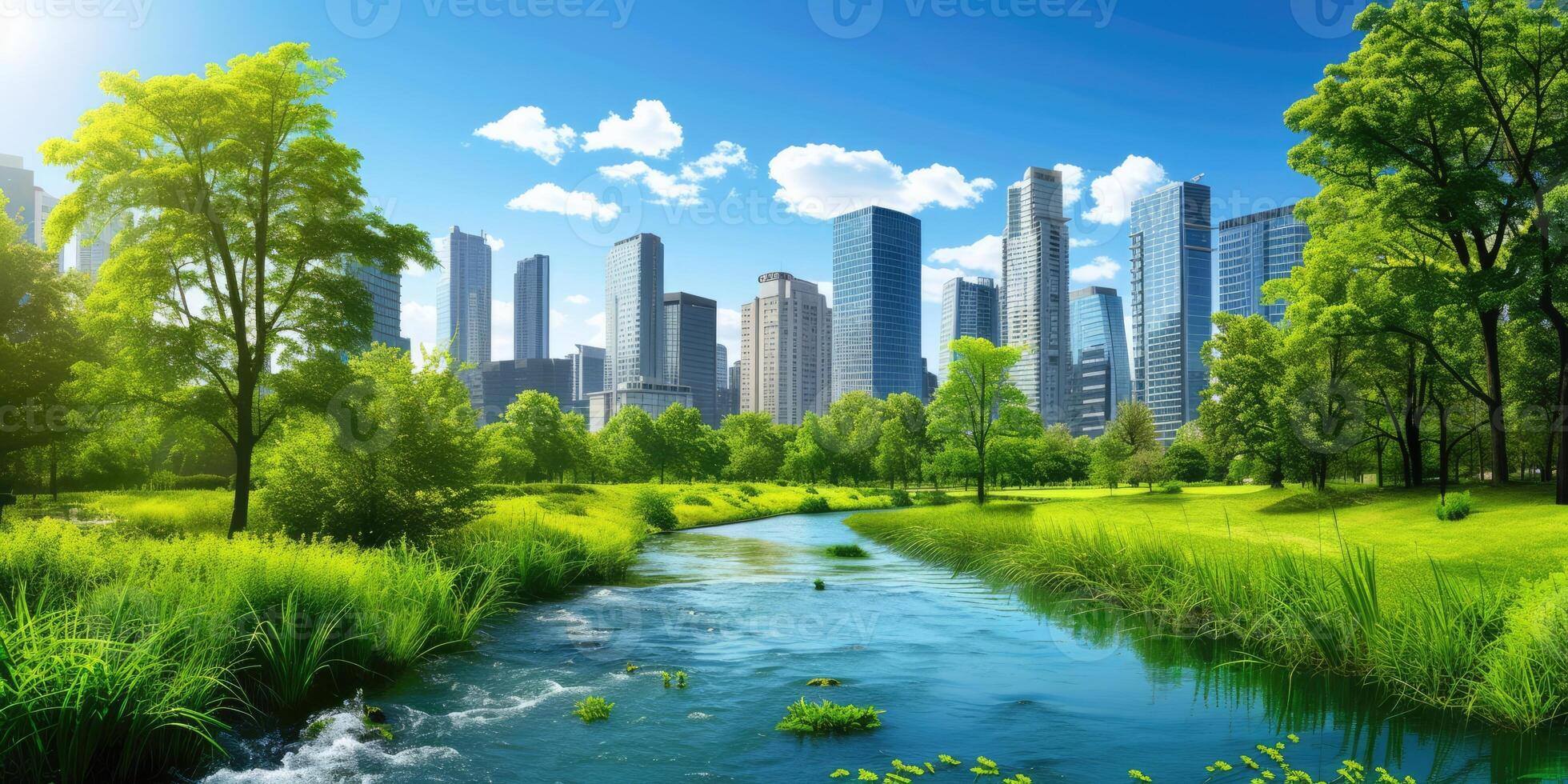 ai generiert generativ ai, Grün Park in der Nähe von Hochhaus Gebäude, städtisch Landschaft, Grün Räume, nachhaltig Leben, umweltfreundlich, Horizont foto