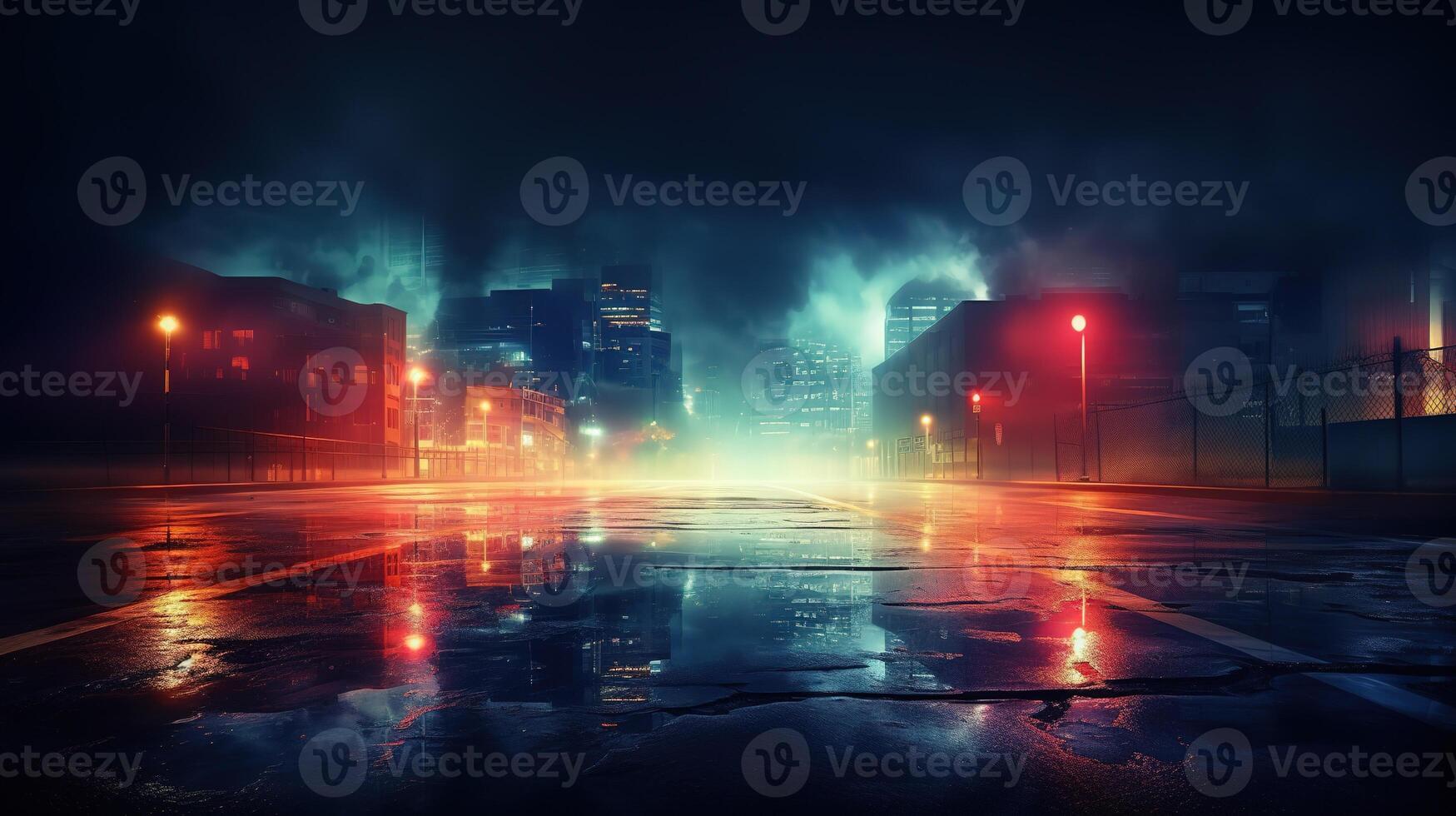 ai generiert Regen Straße nass Asphalt Betrachtung von Neon- Beleuchtung foto