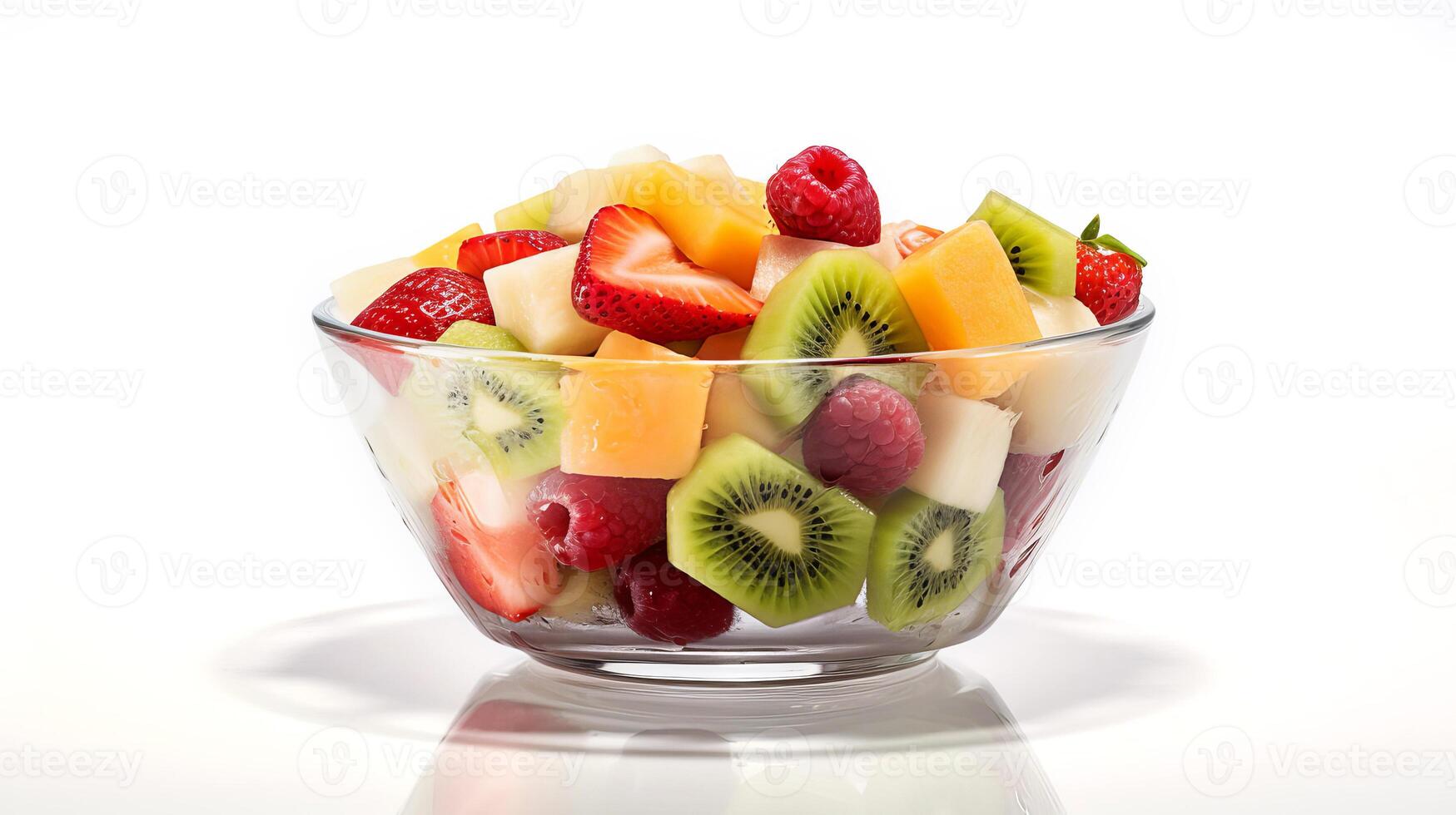 ai generiert Obst Salat im ein Glas Schüssel auf ein Weiß Hintergrund. foto