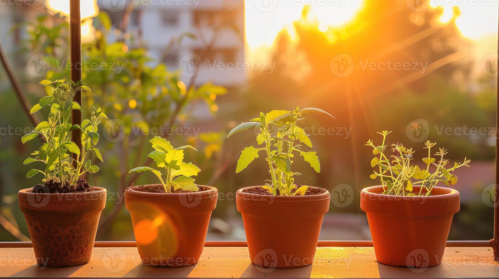 ai generiert Gemüse Sämlinge im Töpfe während Sonnenaufgang auf das Balkon foto