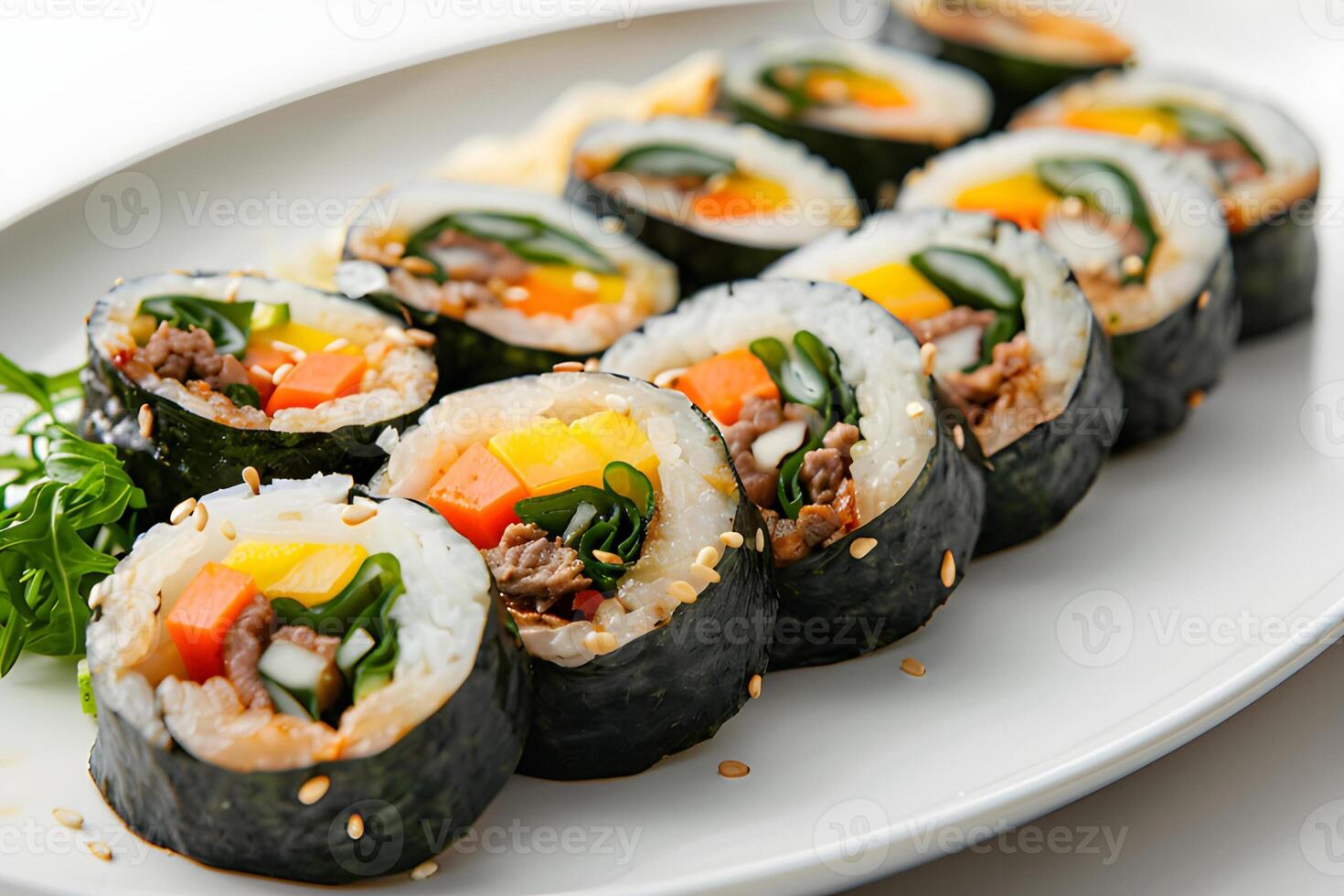 ai generiert gimbap serviert auf ein Teller isoliert auf Weiß Hintergrund foto