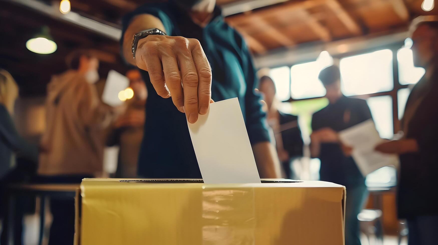 ai generiert Person Platzierung Papier in Abstimmung Box im weichfokussiert Stil foto