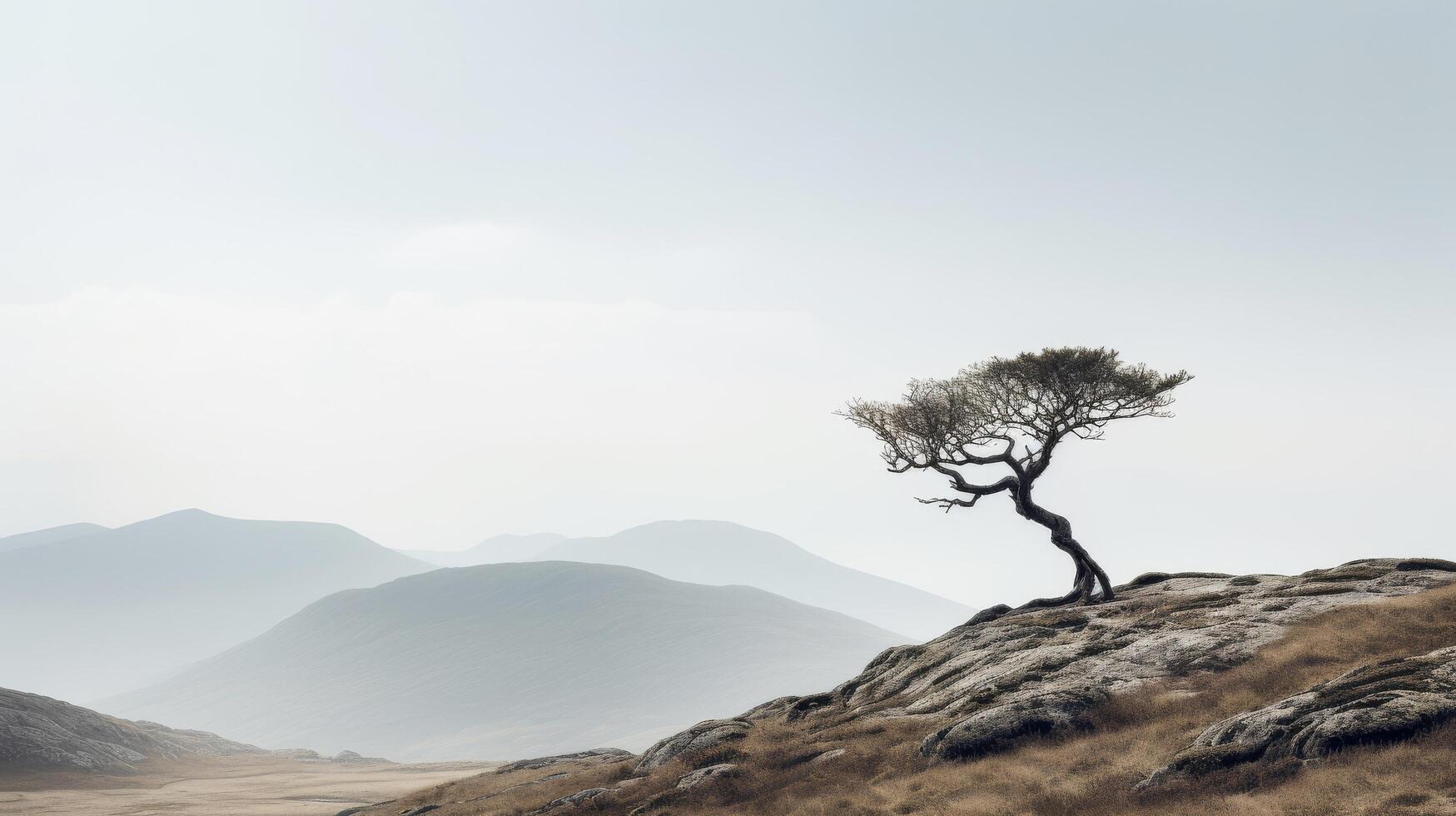 ai generiert ein minimalistisch Aussicht von ein Baum und ein Grat im das Berge foto