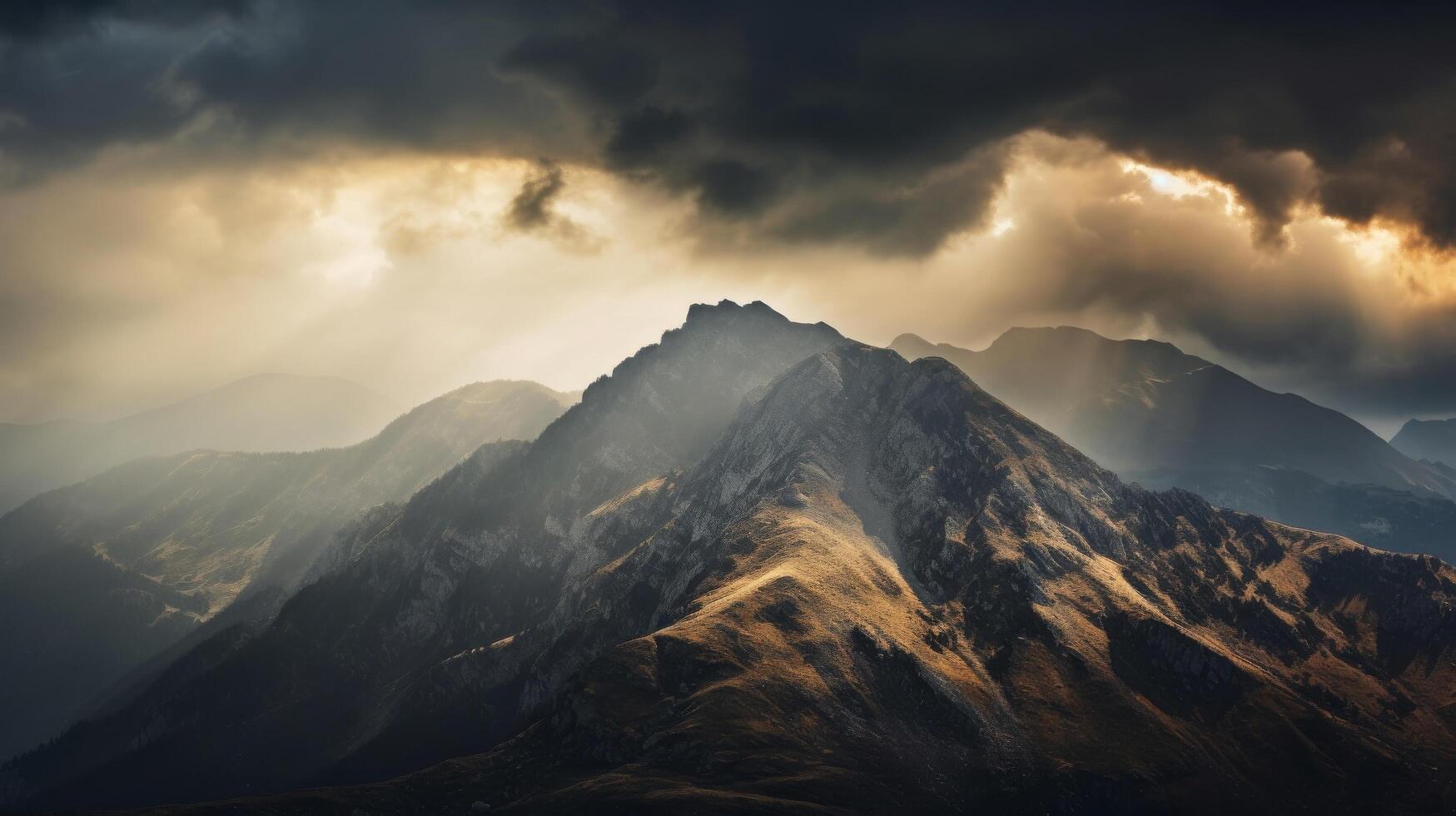 ai generiert Berg Grat mit ein dramatisch und wolkig Himmel foto