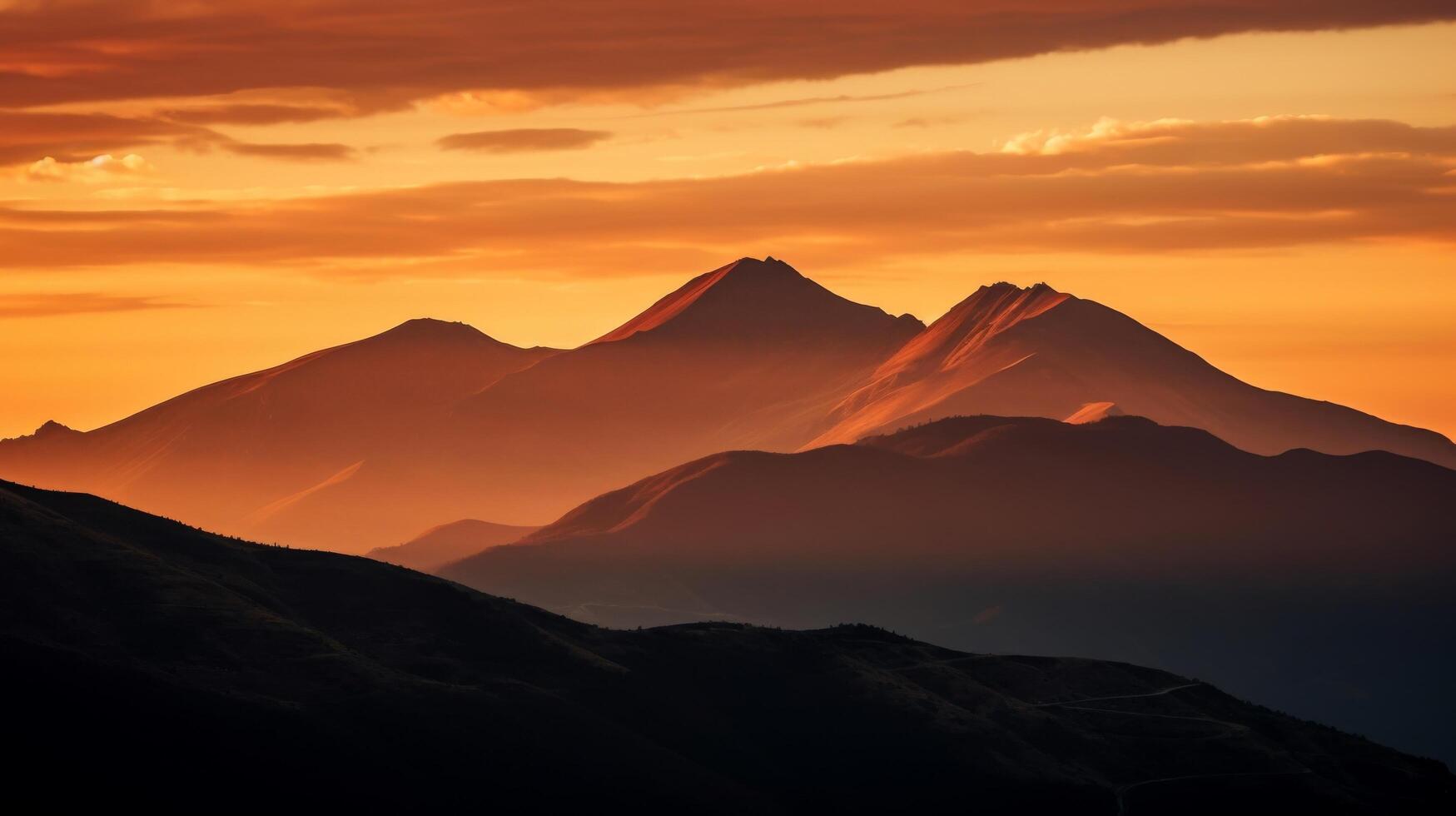 ai generiert feurig Sonnenuntergang Über ein silhouettiert Berg Grat foto