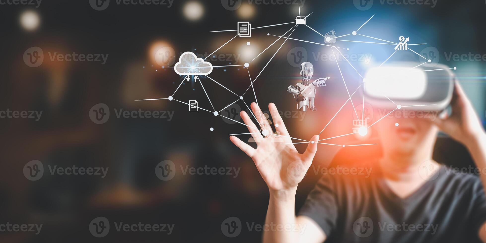 Geschäftsmann ist zeigen Konzept von Zukunft Technologie und Internet Verbindung Netzwerk mit ai wie Regler. ein Grafik schwebte im das Luft auf seine Hand. Daten Center Netzwerk Konzept. foto