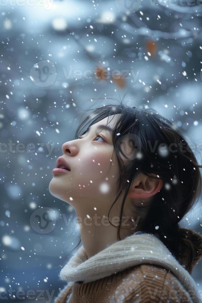 ai generiert ein japanisch Mädchen suchen oben beim fallen Schnee foto