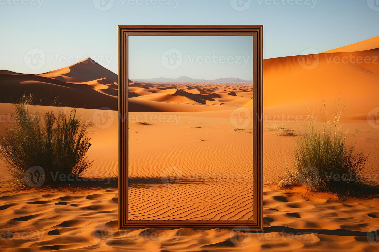 ai generiert ein Spiegel im das Wüste mit Panorama- Landschaft Hintergrund und Sand Dünen. abstrakt surreal Konzept. generativ ai foto