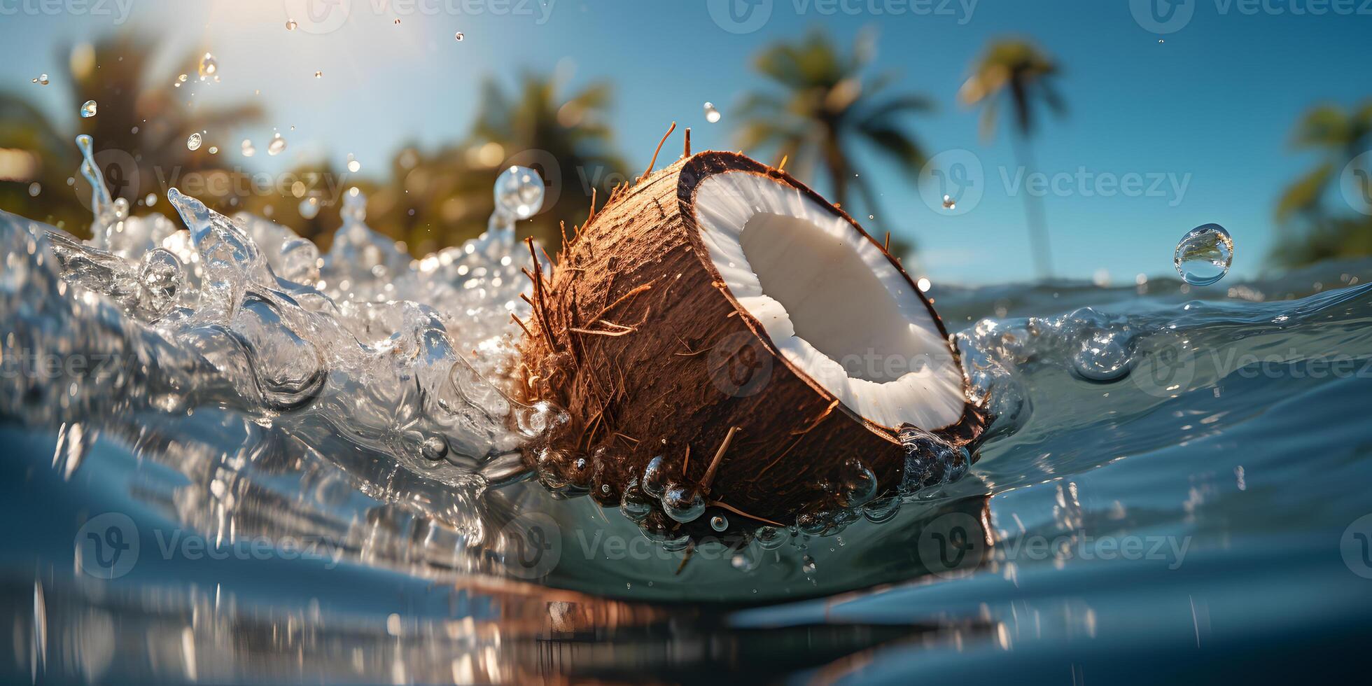 ai generiert geknackt Kokosnuss Stürze von Baum in das Meer mit ein Spritzen von Wasser. generativ ai foto