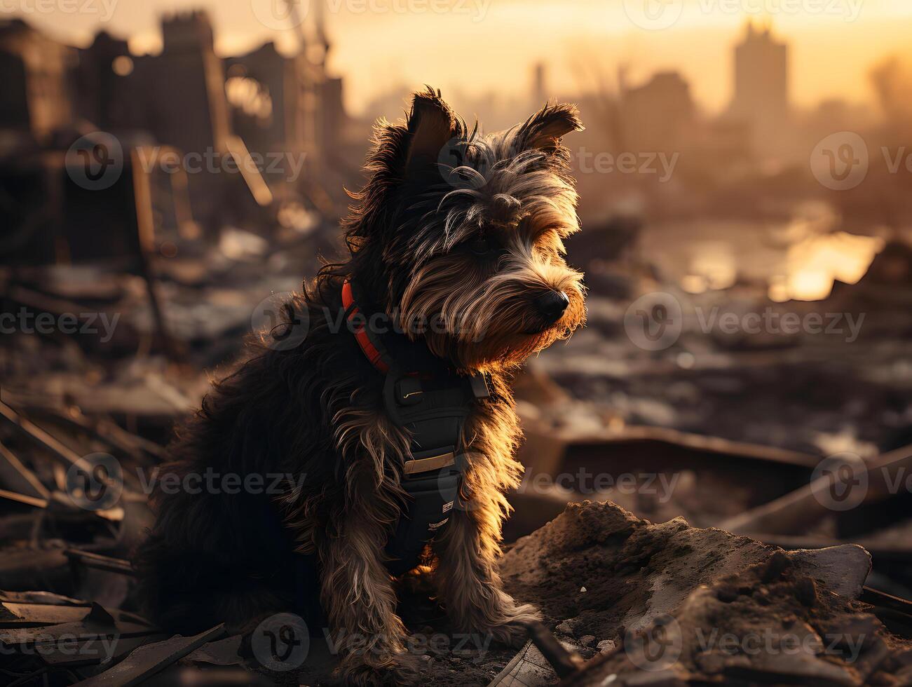 ai generiert ein Hund Sitzung im das Mitte von ein ruiniert und verlassen Stadt. generativ ai foto