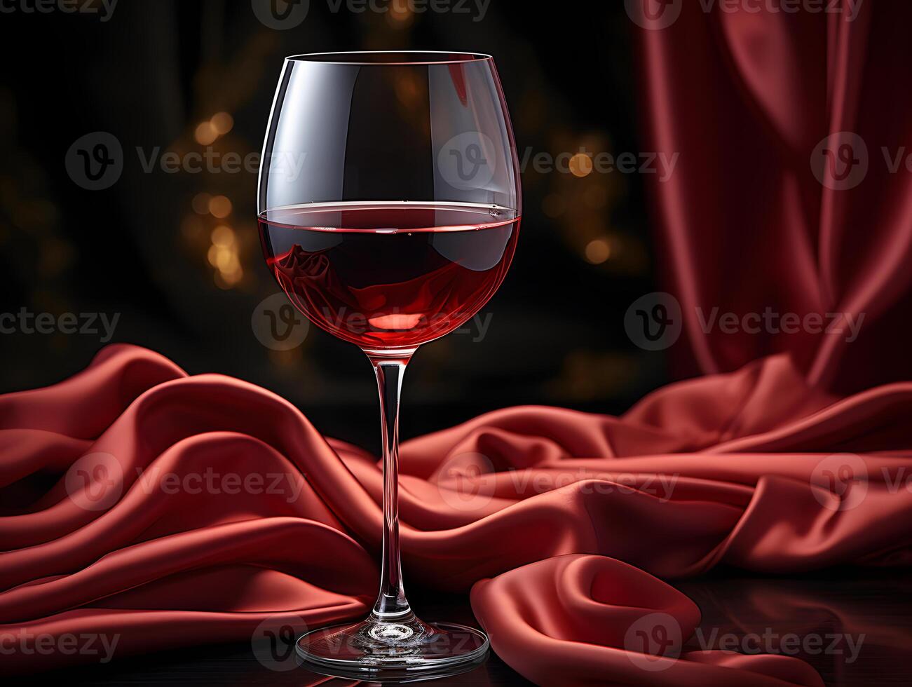 ai generiert Glas von rot Wein mit rot Seide Vorhänge im das Hintergrund. generativ ai foto