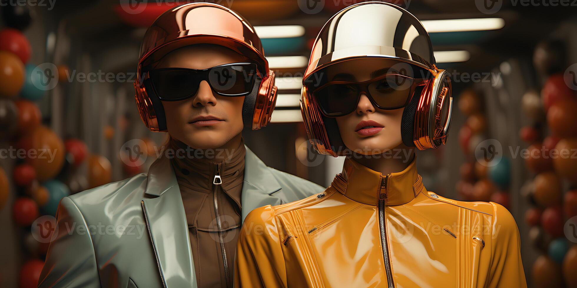 ai generiert Paar im futuristisch retro Outfit und futuristisch Brille. generativ ai foto