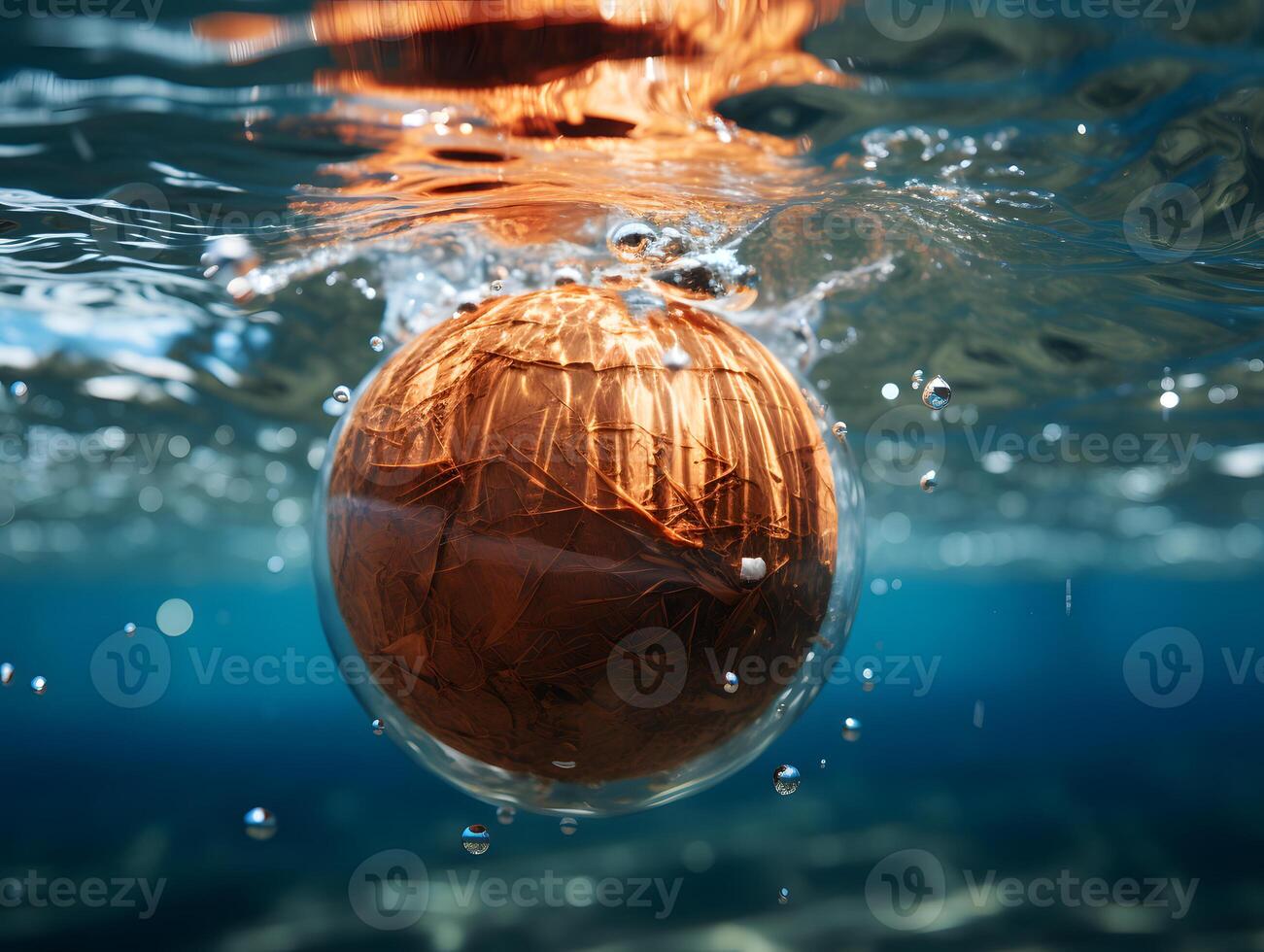 ai generiert geknackt Kokosnuss Stürze von Baum in das Meer mit ein Spritzen von Wasser. generativ ai foto