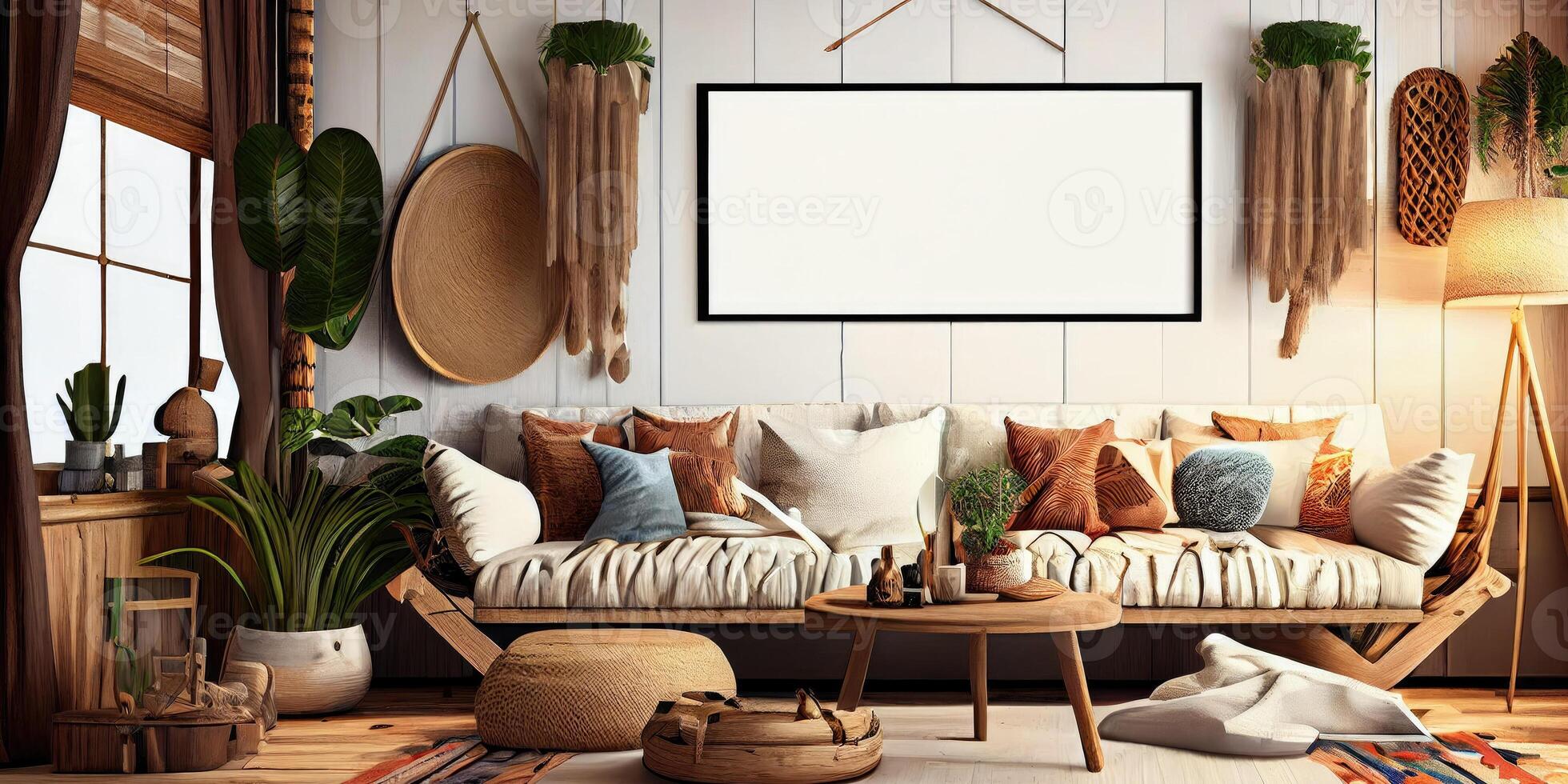 stilvoll skandinavisch Leben Zimmer mit Design Minze Sofa, Möbel, spotten oben Poster Karte, Pflanzen und elegant persönlich Zubehör. modern Zuhause Dekor. hell und sonnig Zimmer. generativ ai Illustration. foto