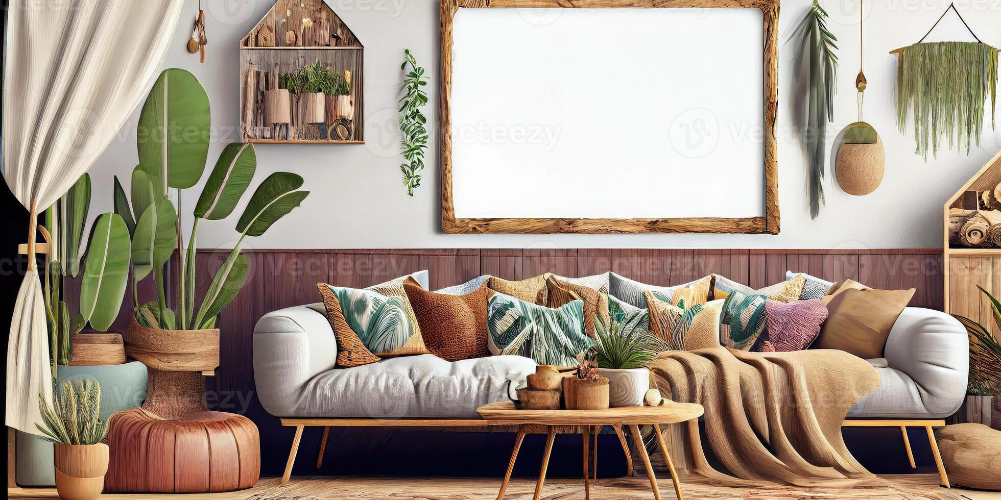 stilvoll skandinavisch Leben Zimmer mit Design Minze Sofa, Möbel, spotten oben Poster Karte, Pflanzen und elegant persönlich Zubehör. modern Zuhause Dekor. hell und sonnig Zimmer. generativ ai Illustration. foto