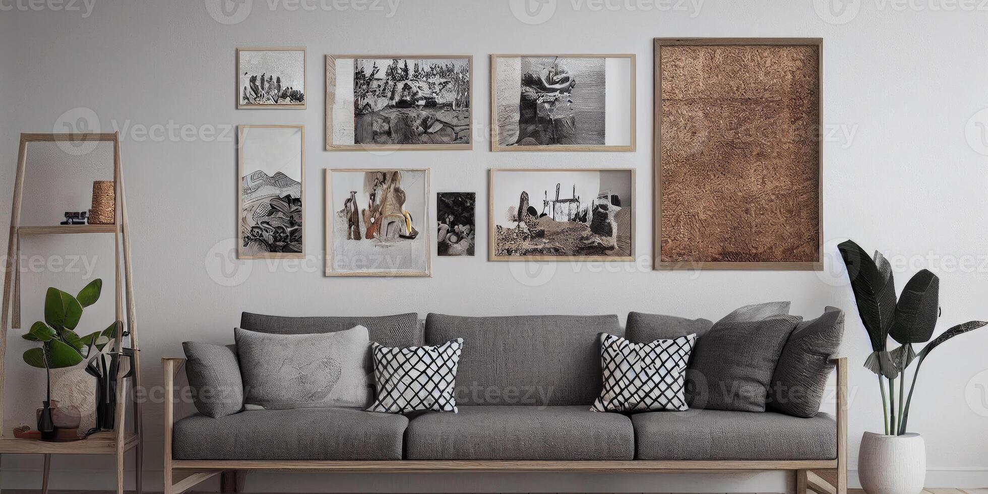 stilvoll skandinavisch Leben Zimmer mit Design Minze Sofa, Möbel, spotten oben Poster Karte, Pflanzen und elegant persönlich Zubehör. modern Zuhause Dekor. hell und sonnig Zimmer. generativ ai Illustration. foto