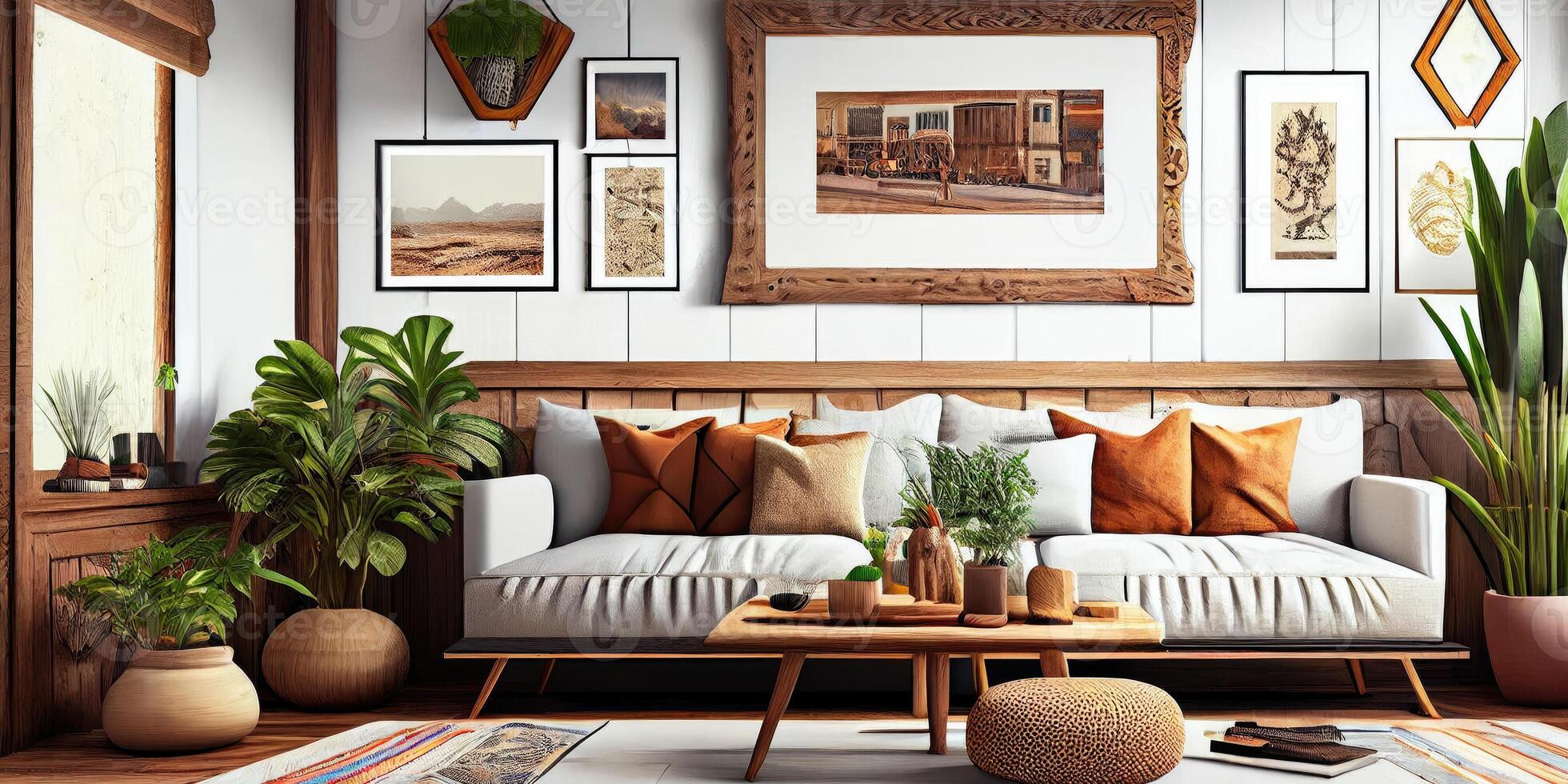 stilvoll skandinavisch Leben Zimmer mit Design Minze Sofa, Möbel, spotten oben Poster Karte, Pflanzen und elegant persönlich Zubehör. modern Zuhause Dekor. hell und sonnig Zimmer. generativ ai Illustration. foto