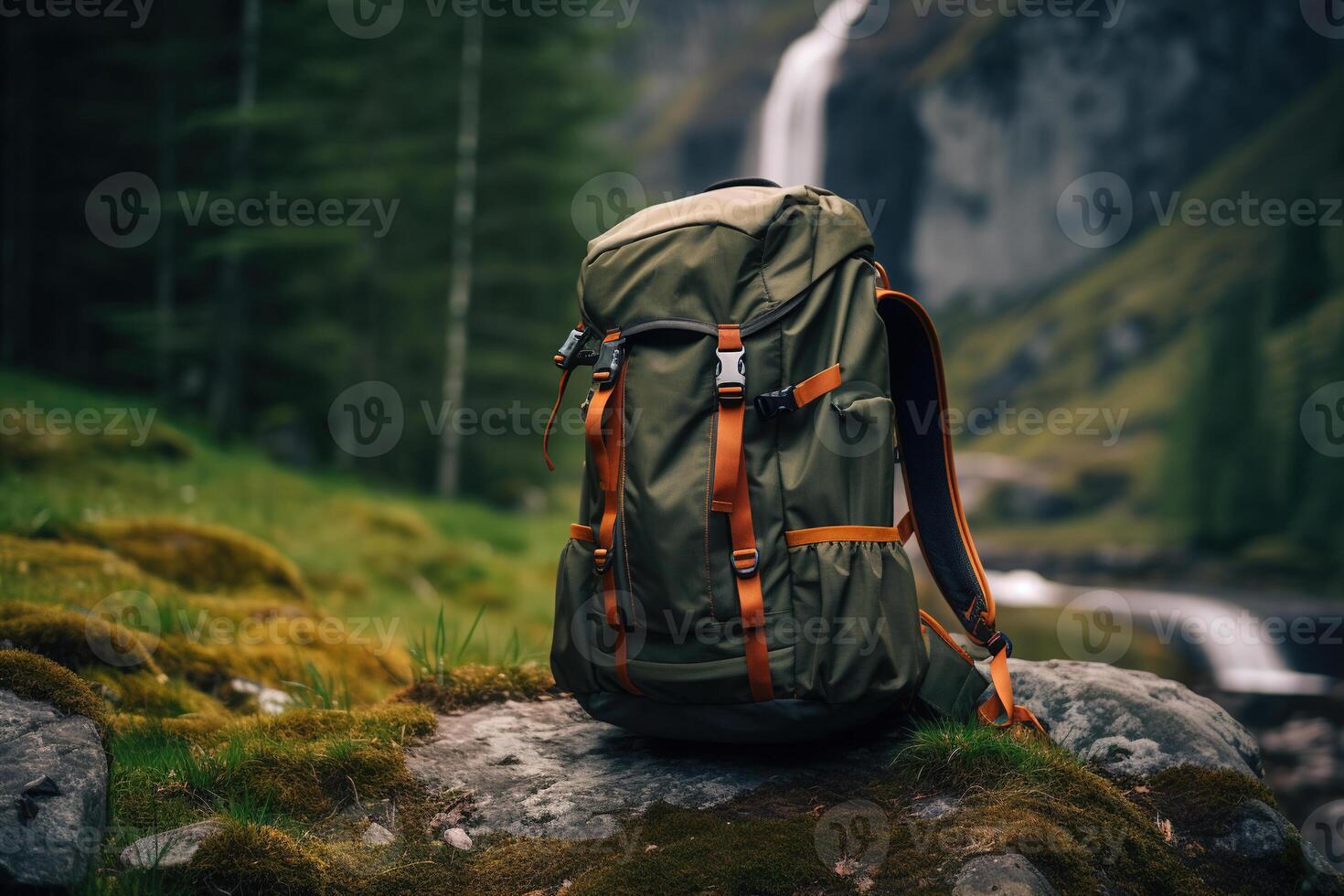 ai generiert Grün Wandern Rucksack auf ein Stein im das Wald gegen das Hintergrund von ein Wasserfall, Reise Tasche im Natur. Reise, Wanderung, Abenteuer, Tourismus Konzept foto