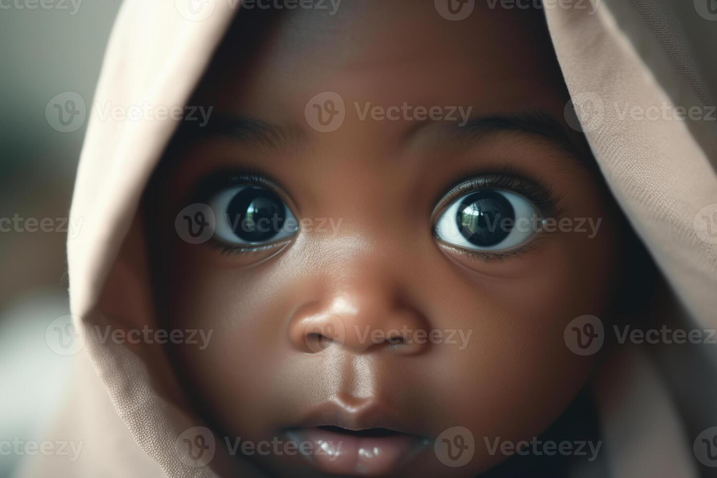ai generiert wunderbar afrikanisch amerikanisch Baby unter Weiß Decke, Nahansicht von Kind schwarz Augen suchen beim Kamera. Porträt von komisch süß Gesicht von Neugeborene im Bett foto
