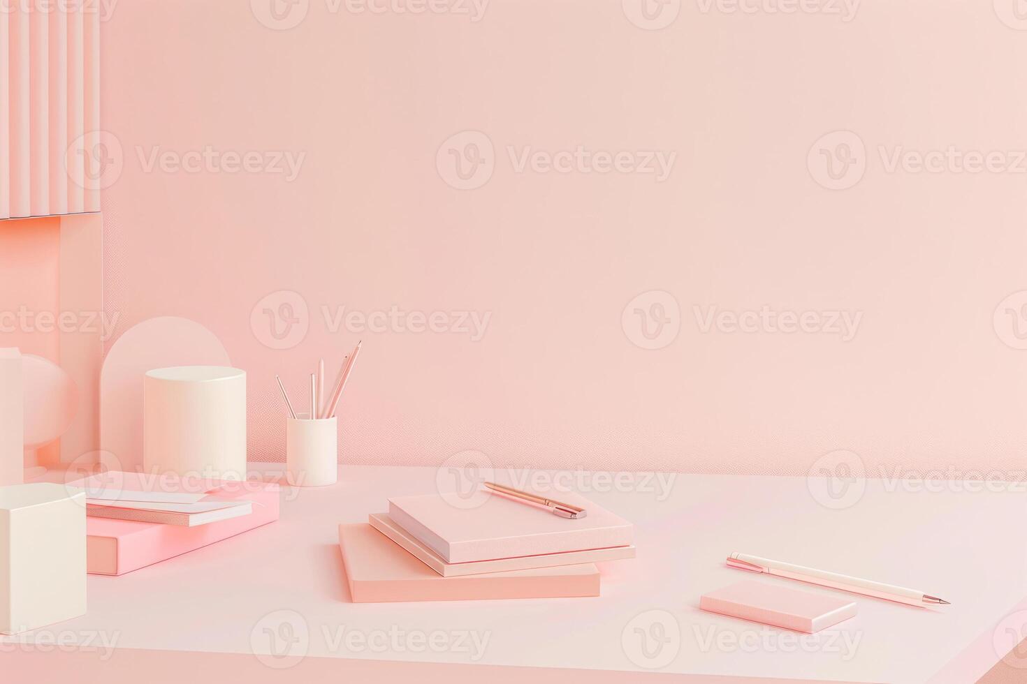 ai generiert Pastell- farbig Arbeitsplatz mit ein minimalistisch Schreibtisch und Sanft Rosa Schreibwaren. generativ ai foto
