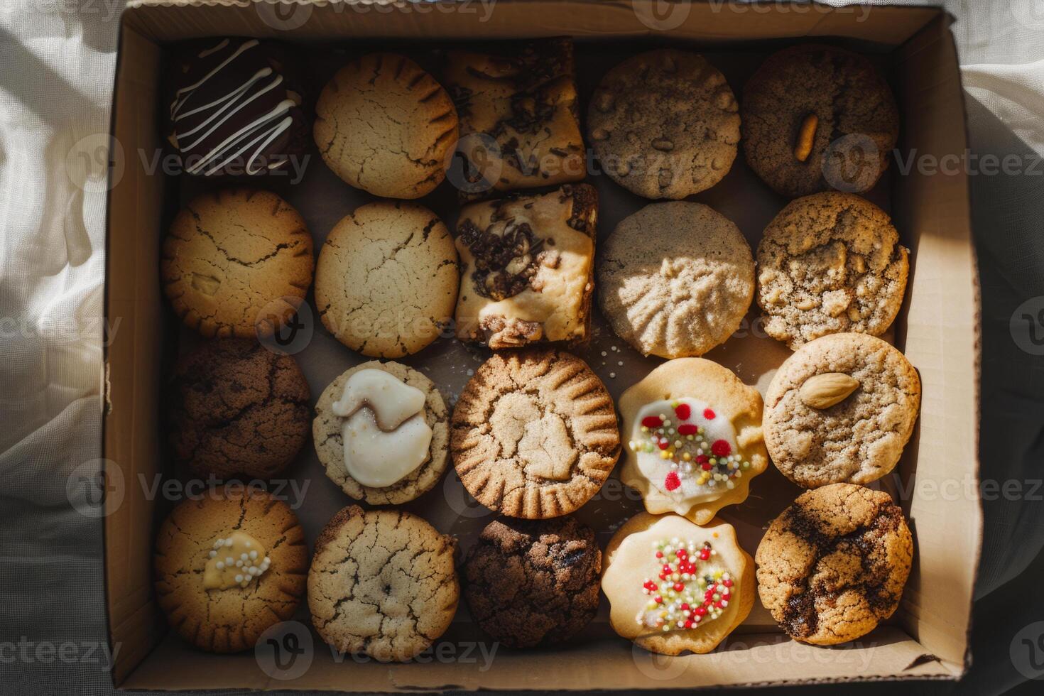 ai generiert Box von sortiert gesund Kekse frisch gebacken und verpackt zu gehen. generativ ai foto