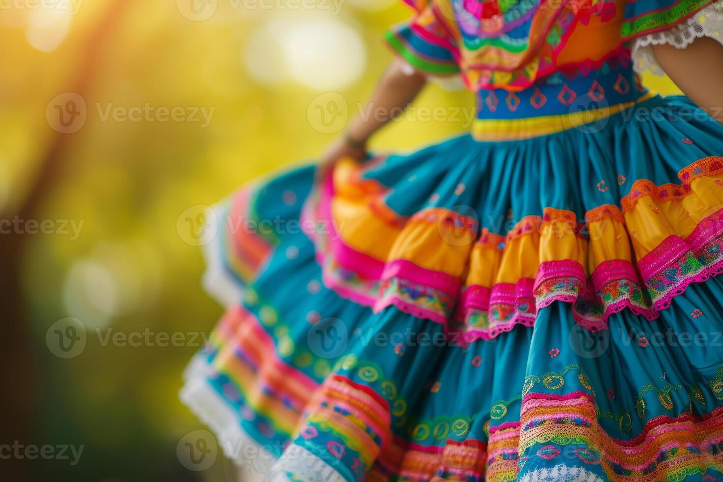ai generiert Nahansicht von beschwingt bunt traditionell Mexikaner Kleid. generativ ai foto