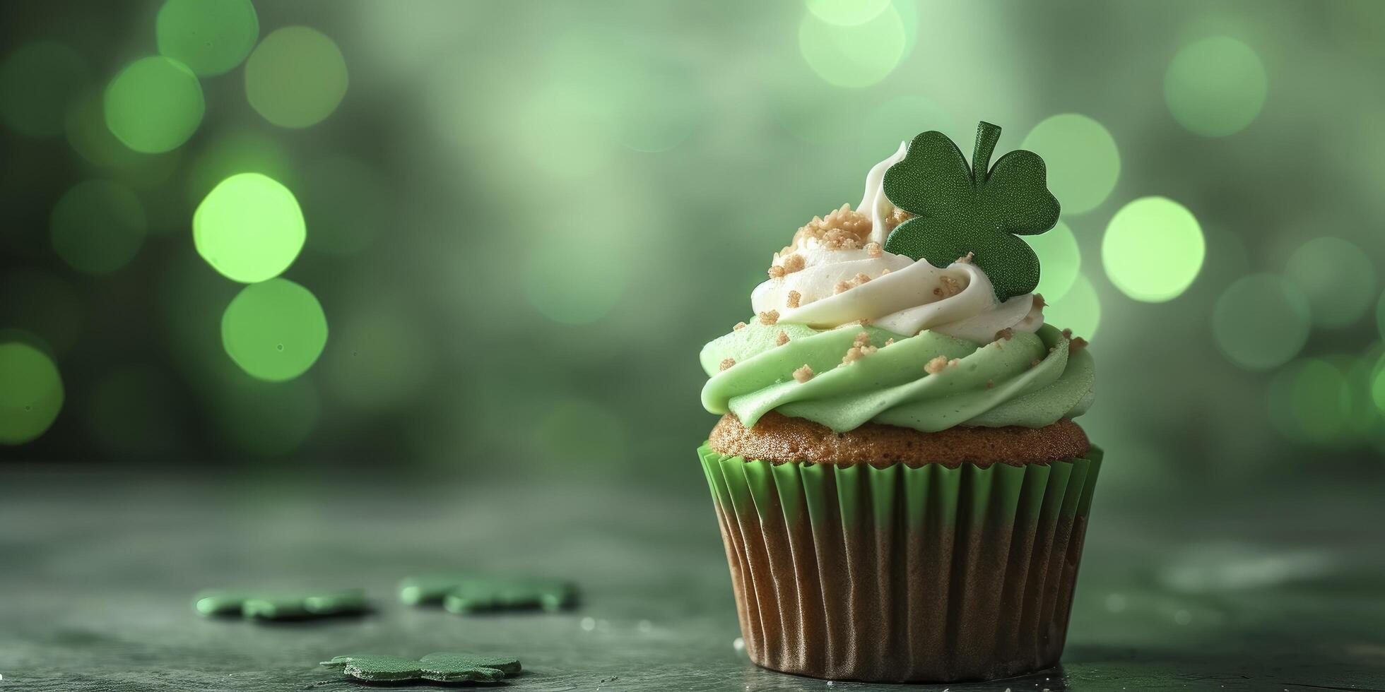 ai generiert st. Patrick's Tag Cupcake auf Pastell- Hintergrund. Süss Feier mit Kopieren Raum. foto