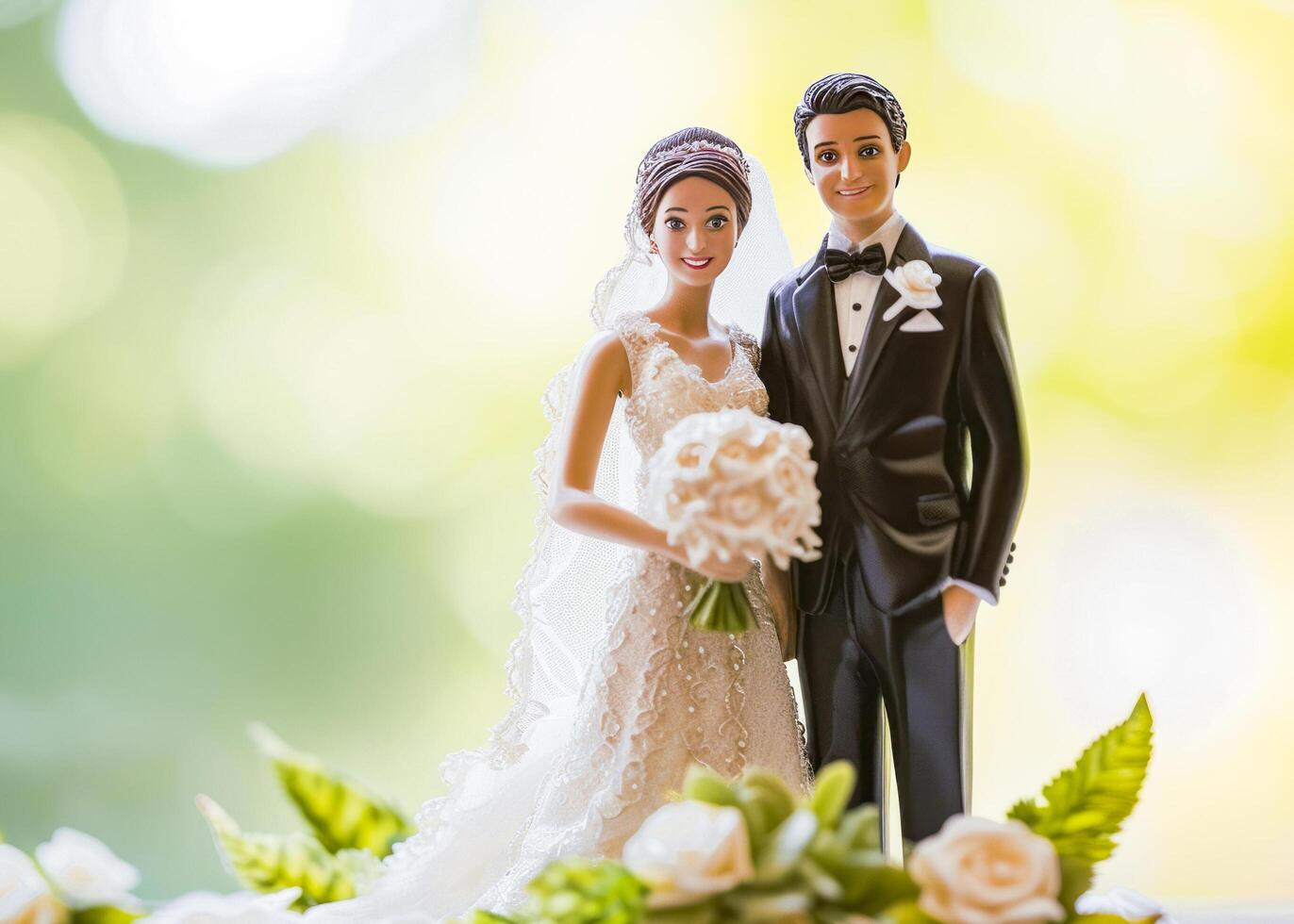 ai generiert Braut und Bräutigam Hochzeit Kuchen Topper Figuren foto