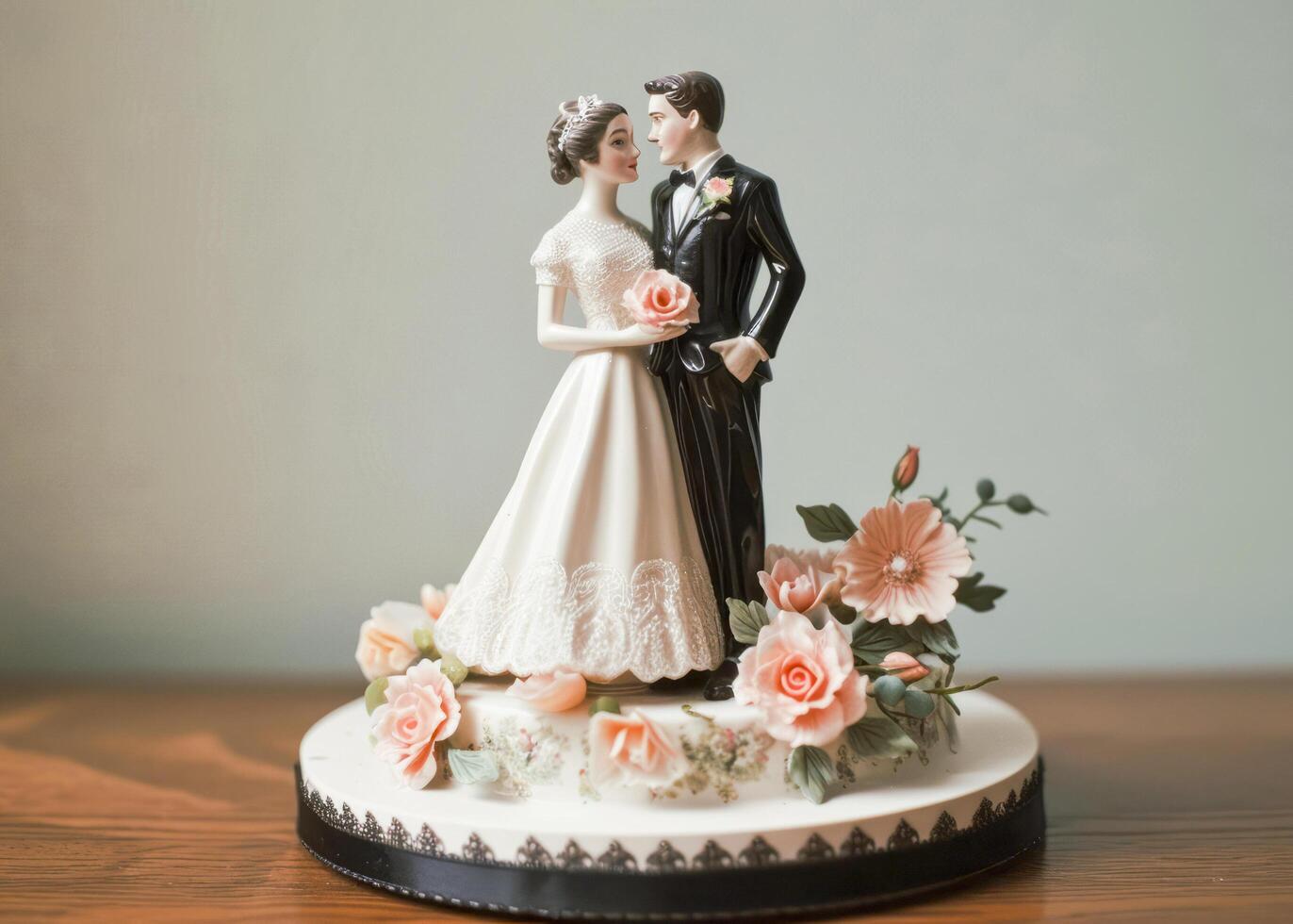 ai generiert Braut und Bräutigam Hochzeit Kuchen Topper Figuren foto