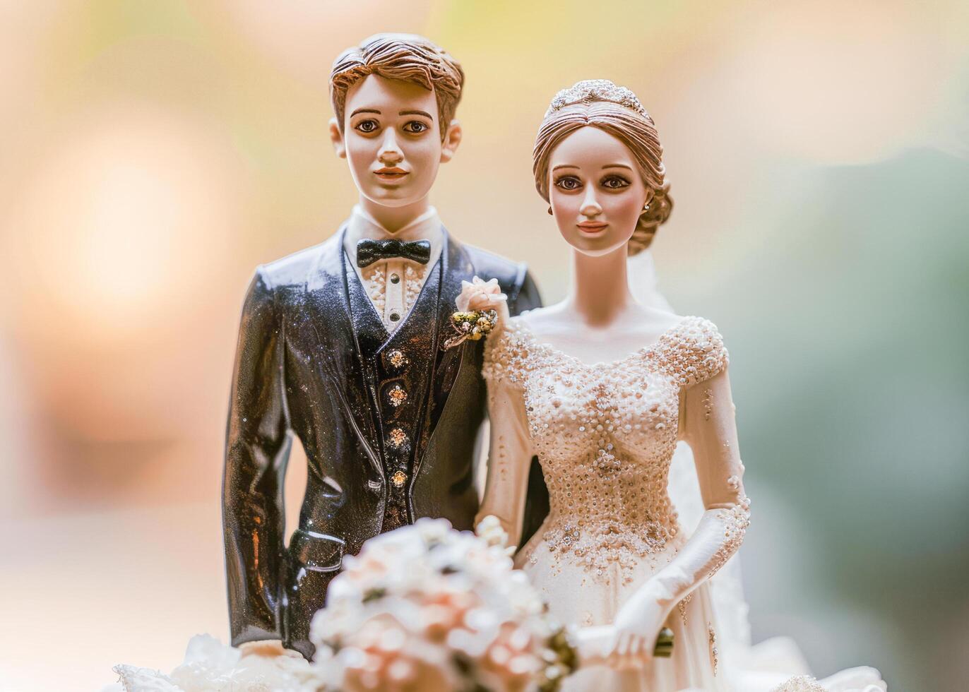 ai generiert Braut und Bräutigam Hochzeit Kuchen Topper Figuren foto